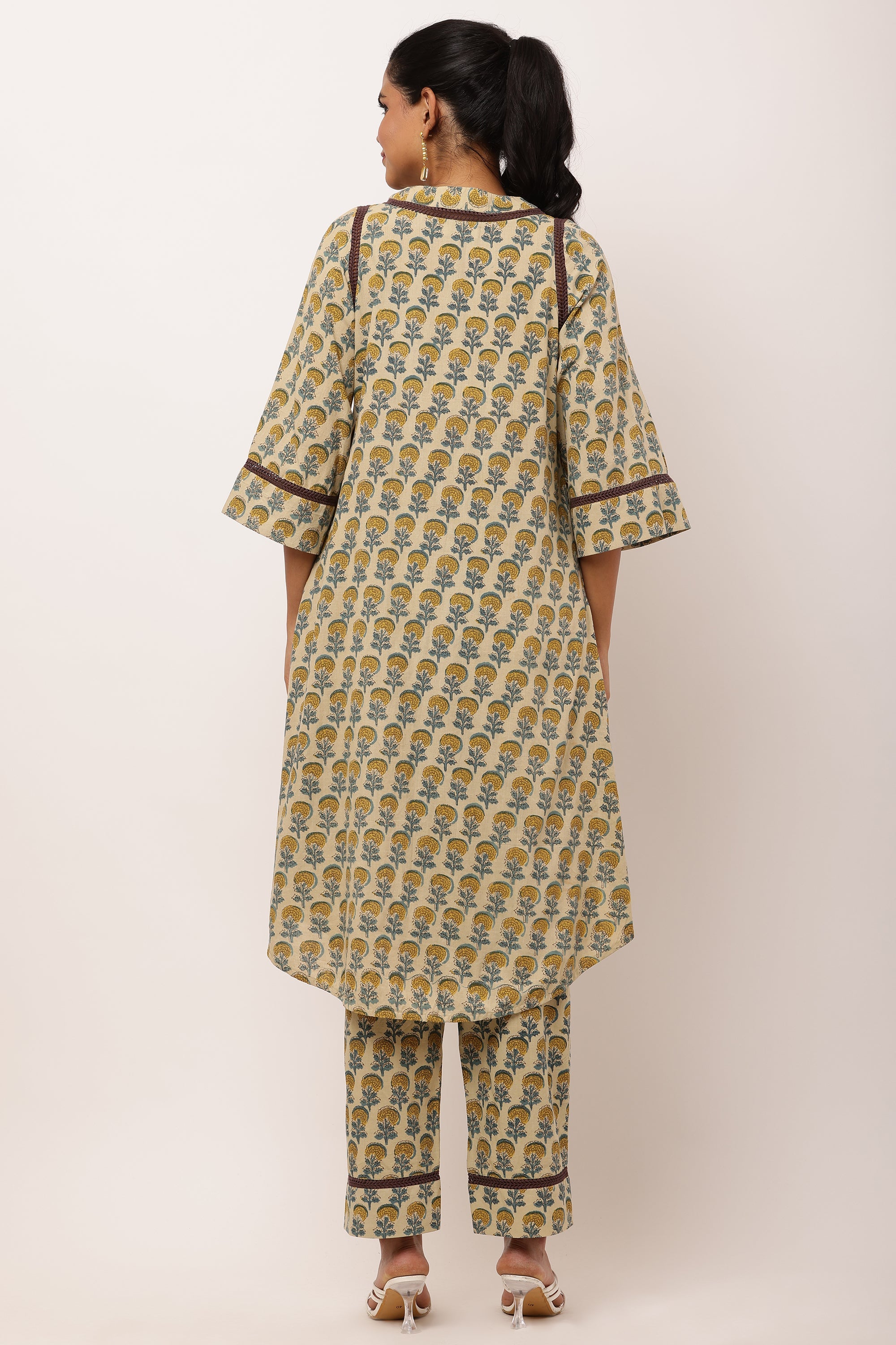 WOMENS BEIGE BLOSSOM KURTA CO-ORD SET